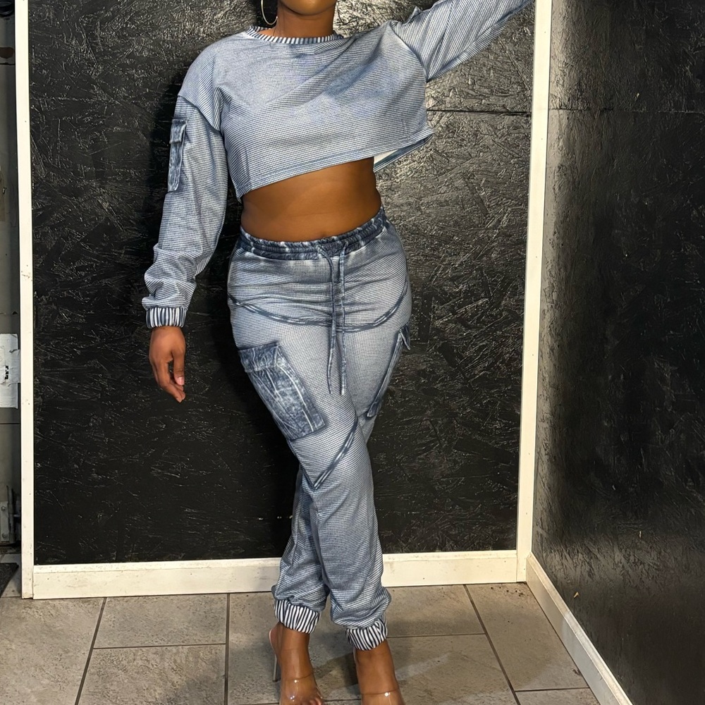 Blue Denim Print Crop Top Set